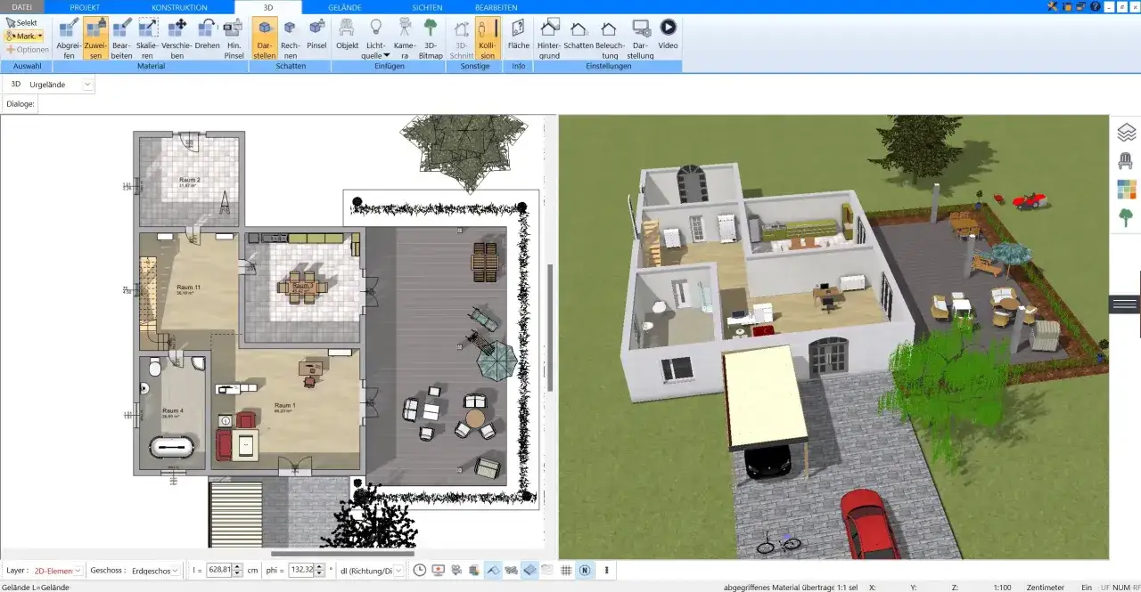 Grundriss und 3D-Ansicht eines Hauses mit Terrasse und Garten. Die bauseitigen Leistungen sind klar erkennbar, von der Raumaufteilung bis zur Außenanlage.
