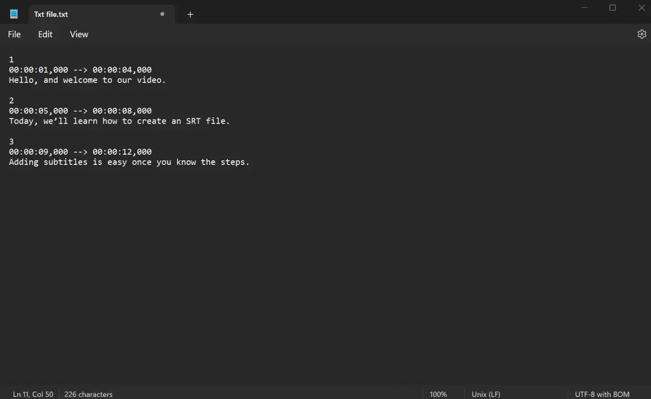 A text editor shows a sample SRT file, demonstrating how to create an SRT file on Mac with numbered subtitles and timestamps.