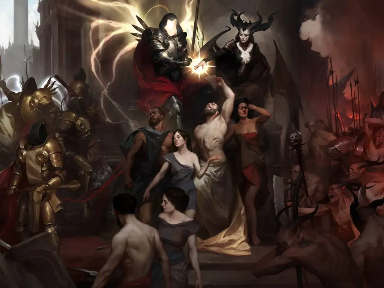 Diablo 4 w zgodzie z tradycjami: anioł walczy z demonami, podczas gdy ludzie w antycznych szatach obserwują.