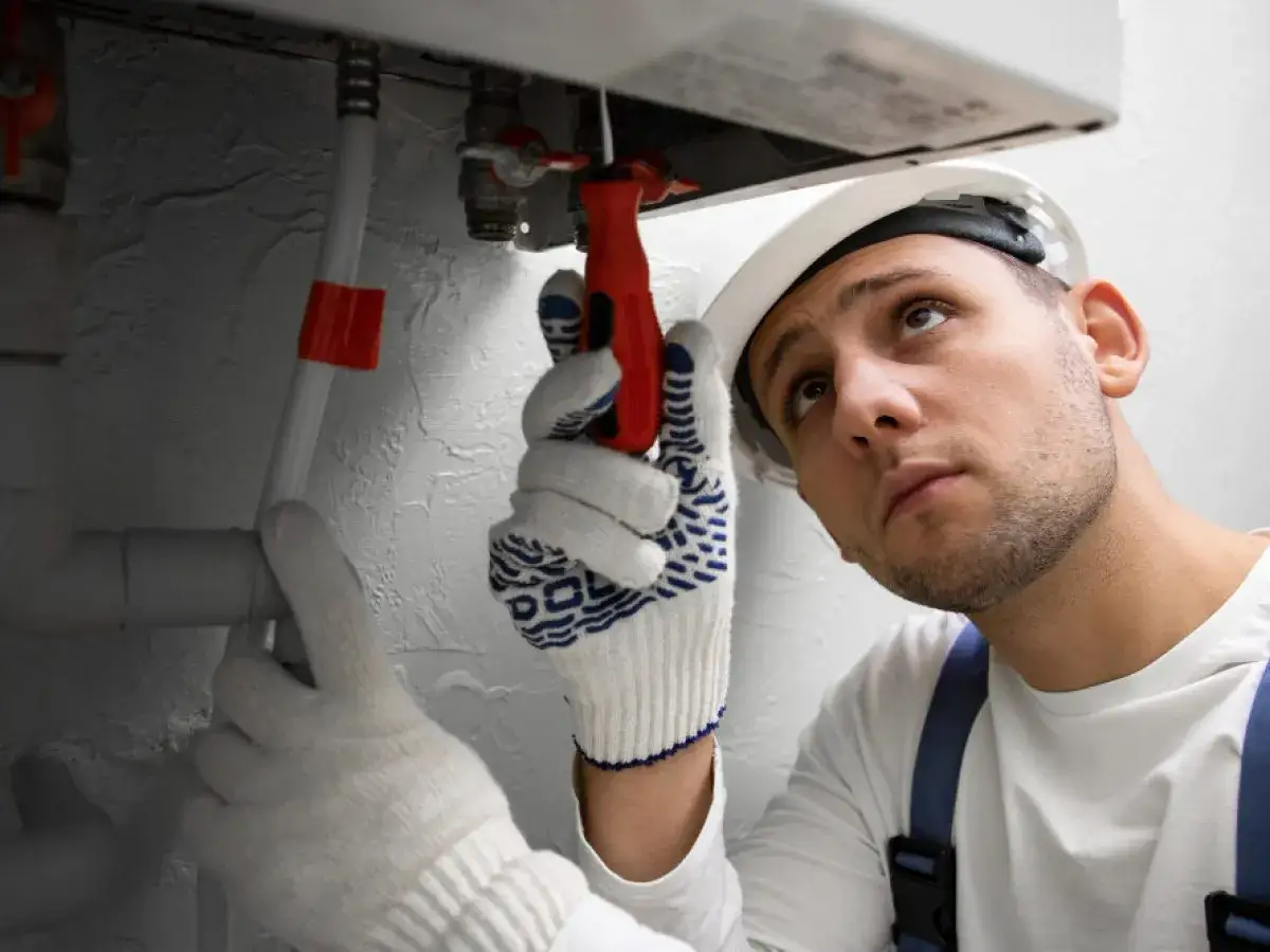 Técnico con casco y guantes trabaja en tuberías, quizás para aprender como limpiar un termo por dentro.