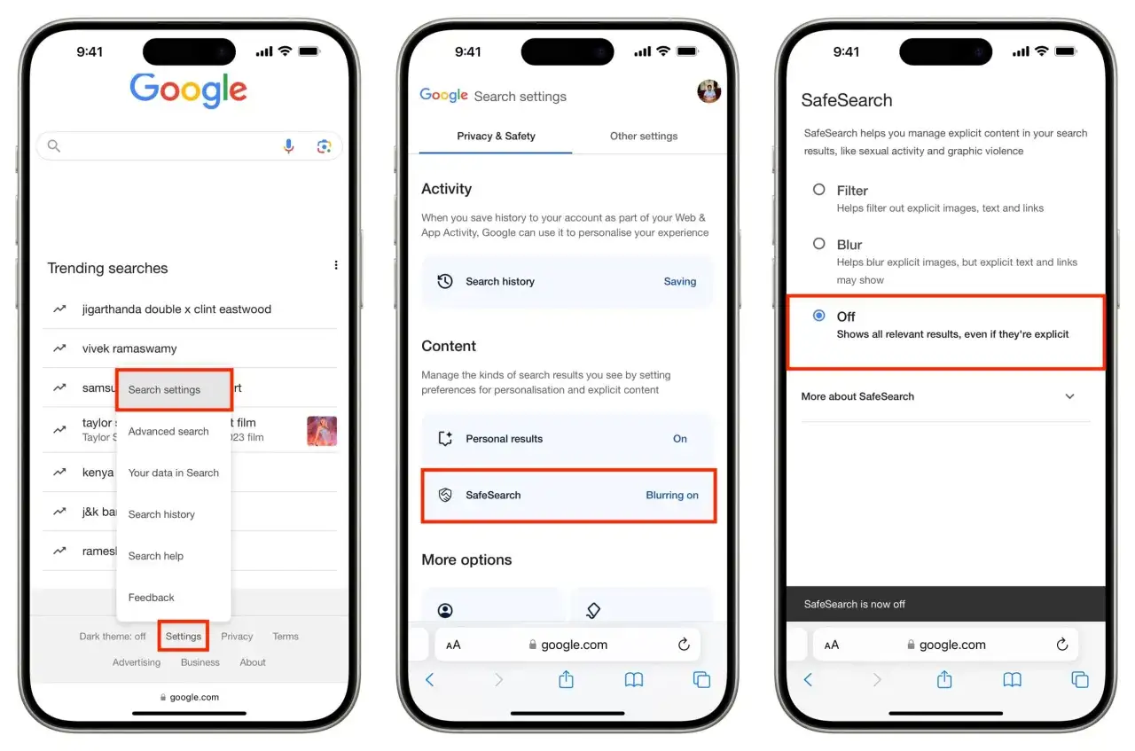 Ustawienia SafeSearch na telefonie. Wybrano opcję