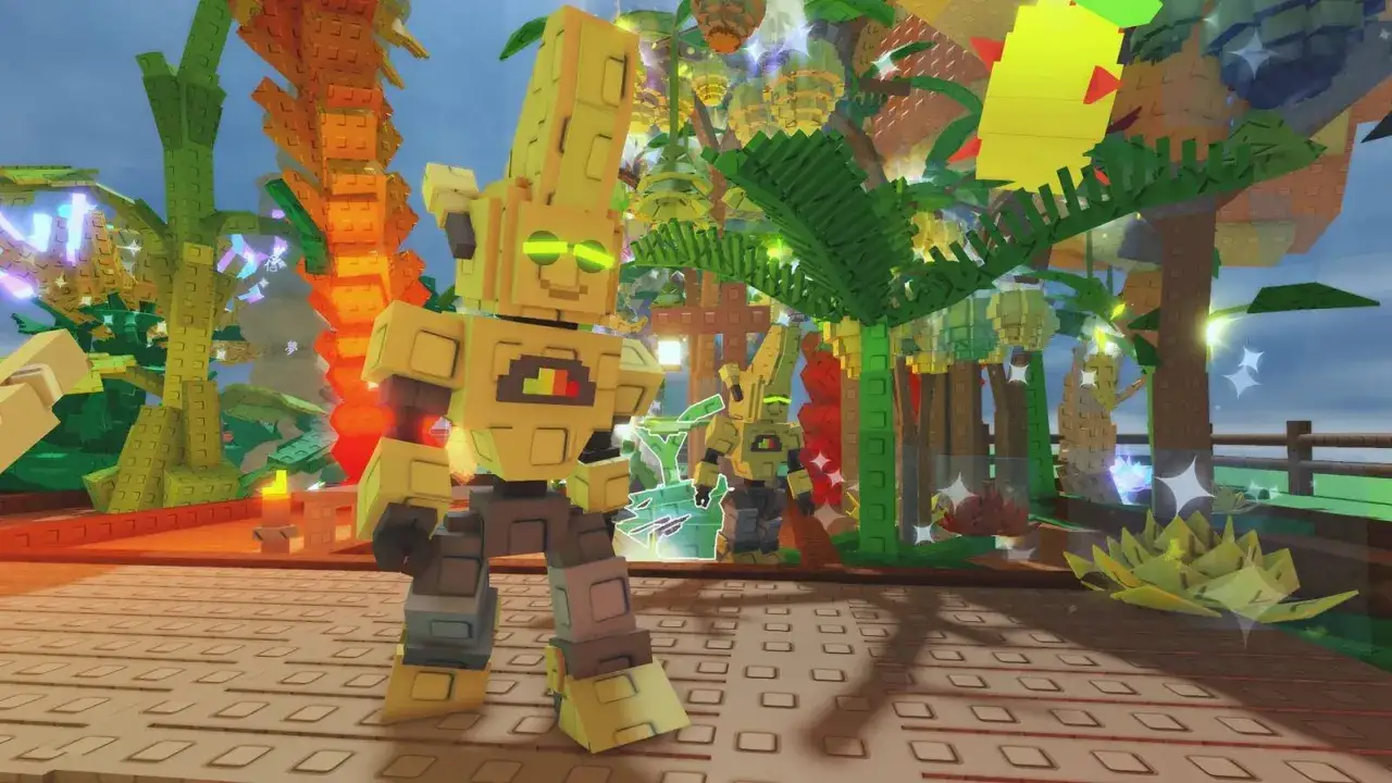 Żółte roboty w tropikalnym świecie z klocków. Idealne miejsce na fajne gry na Roblox!