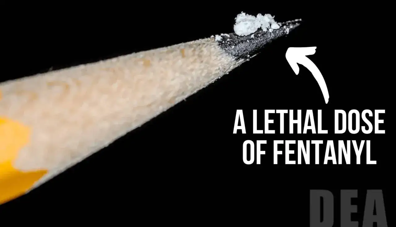 Ostra końcówka ołówka z białym proszkiem, oznaczonym jako śmiertelna dawka fentanylu.
