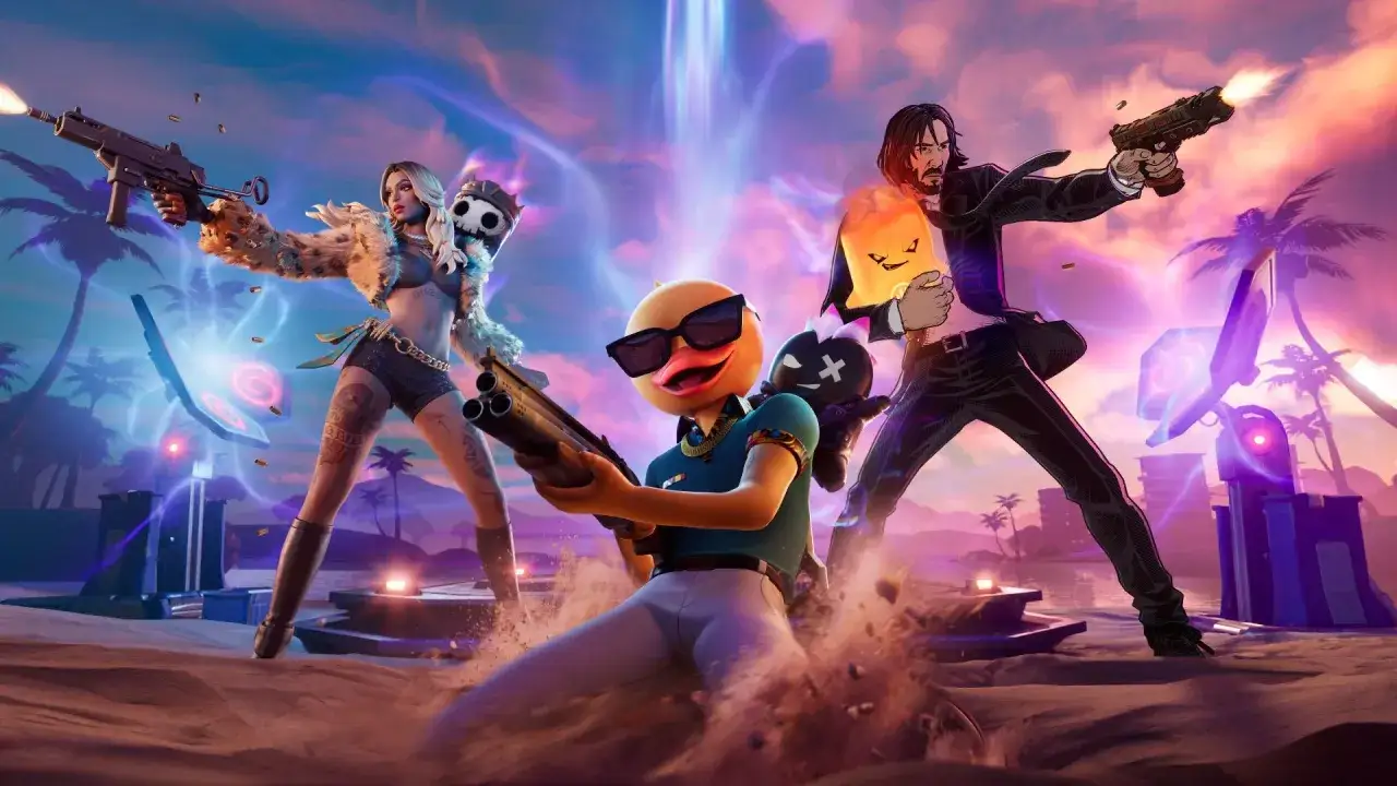 Personajes de Fortnite nueva temporada listos para la acci&oacute;n en una isla tropical con un cielo vibrante y efectos de energ&iacute;a.