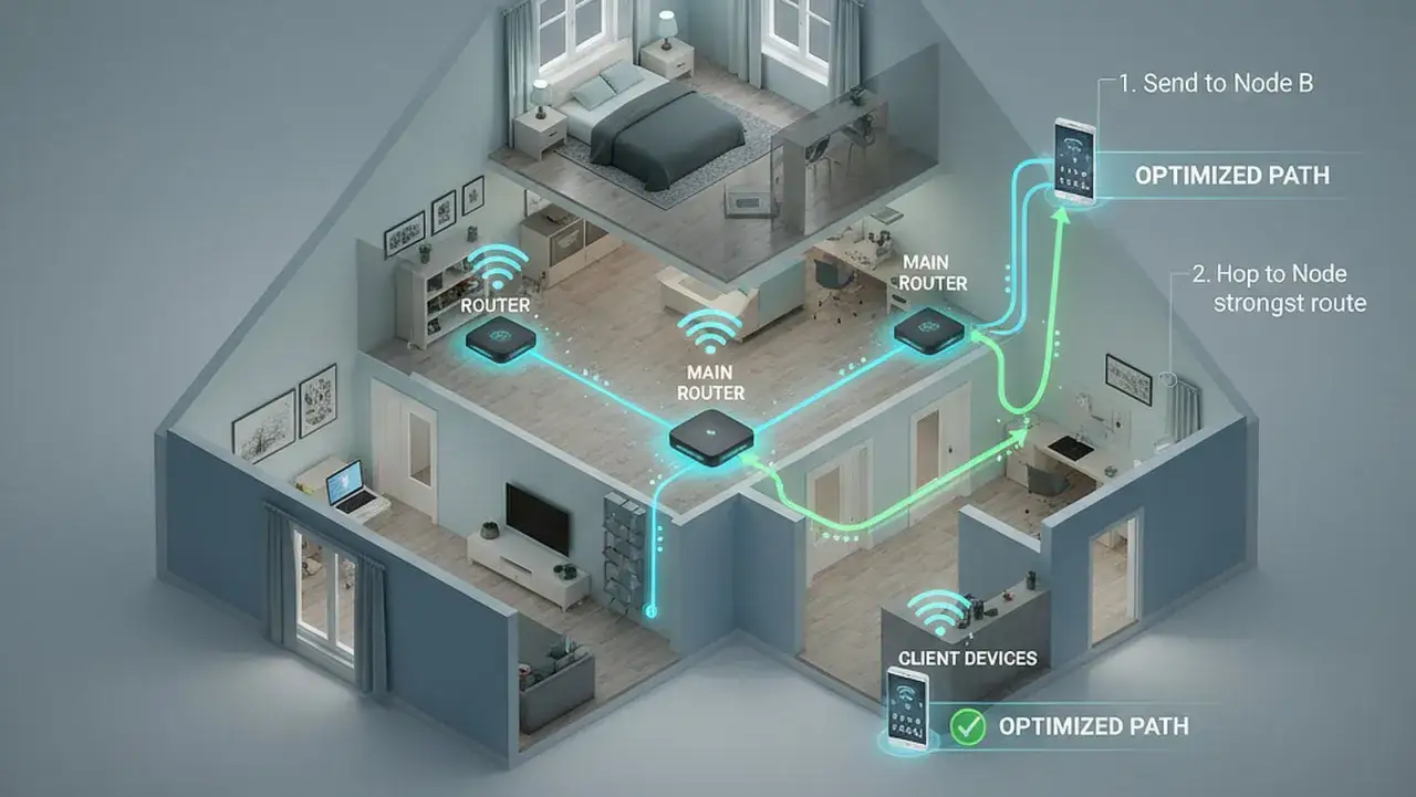 Schema di una casa con più router che creano una rete mesh per una connessione ottimizzata.