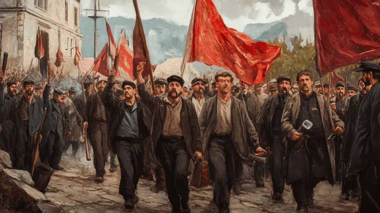 Manifestaci&oacute;n obrera con banderas rojas, evocando el bienio radical cedista. Hombres con gorras y vestimenta de trabajo marchan con determinaci&oacute;n.