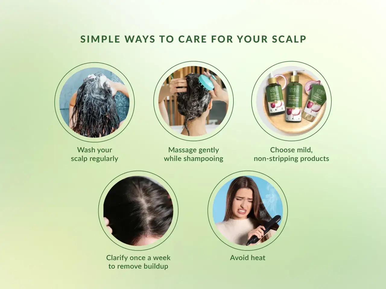 Mujer lavando el pelo con espuma. Consejos para un cuero cabelludo sano: lavar, masajear, elegir productos suaves, clarificar y evitar calor.