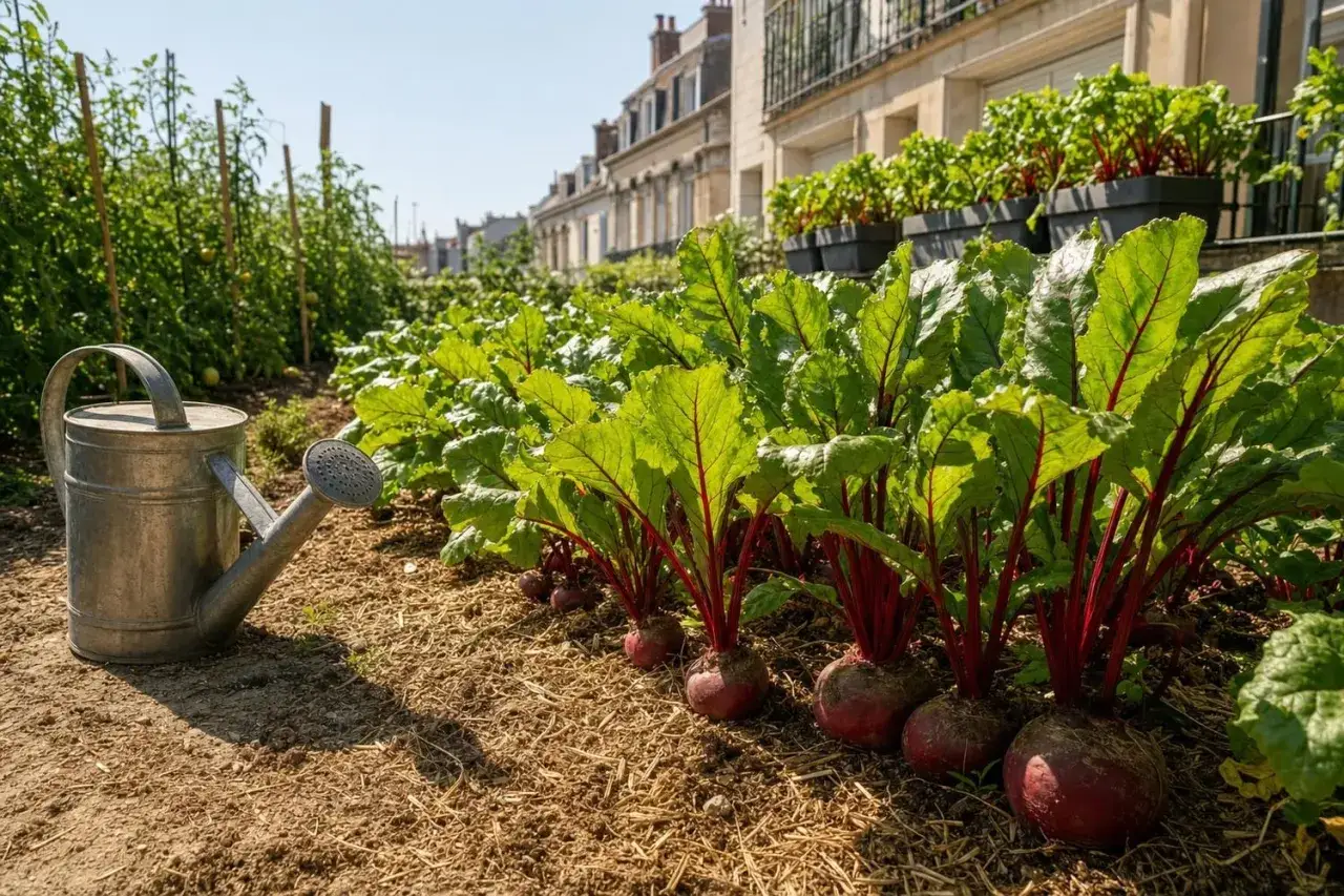 Arrosoir près de betteraves rouges dans un potager urbain. On peut planter des betteraves jusqu'à la fin de l'été.