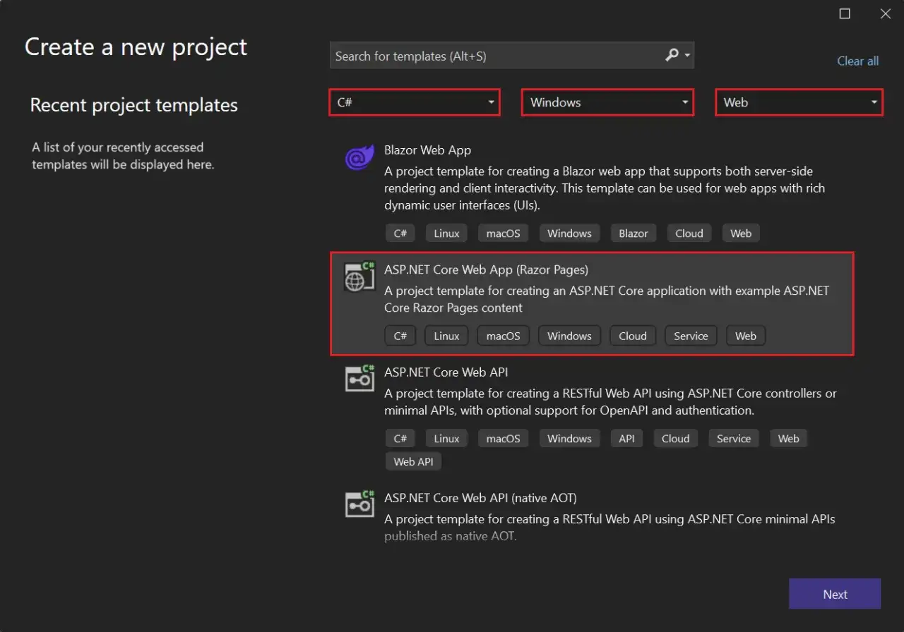 Tworzenie projektu w Visual Studio: wybór szablonu ASP.NET Core Web App (Razor Pages) do stworzenia aplikacji webowej.