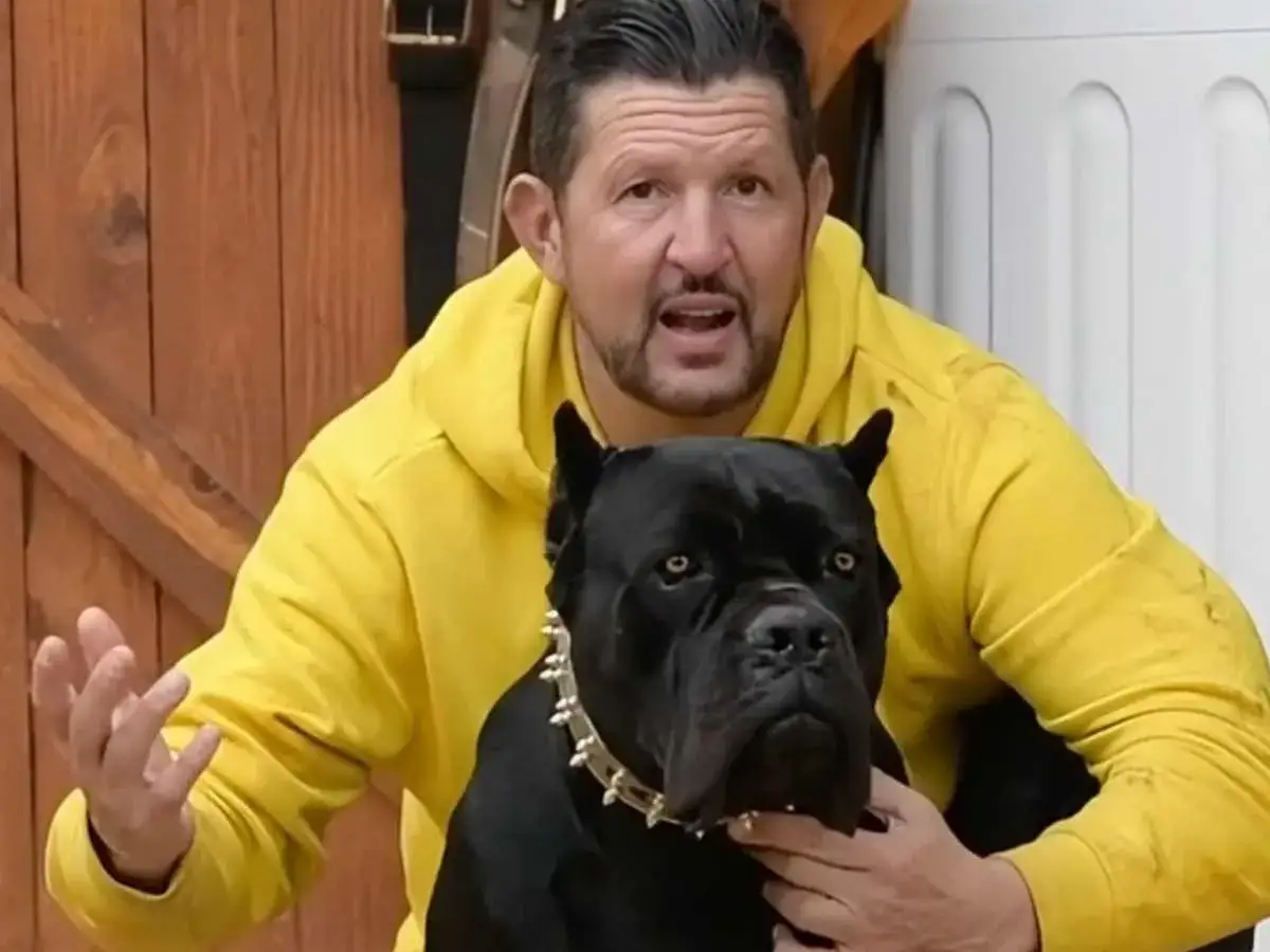 Hombre con sudadera amarilla abraza a un perro negro, mostrando el **cane corso caracter** imponente y leal.