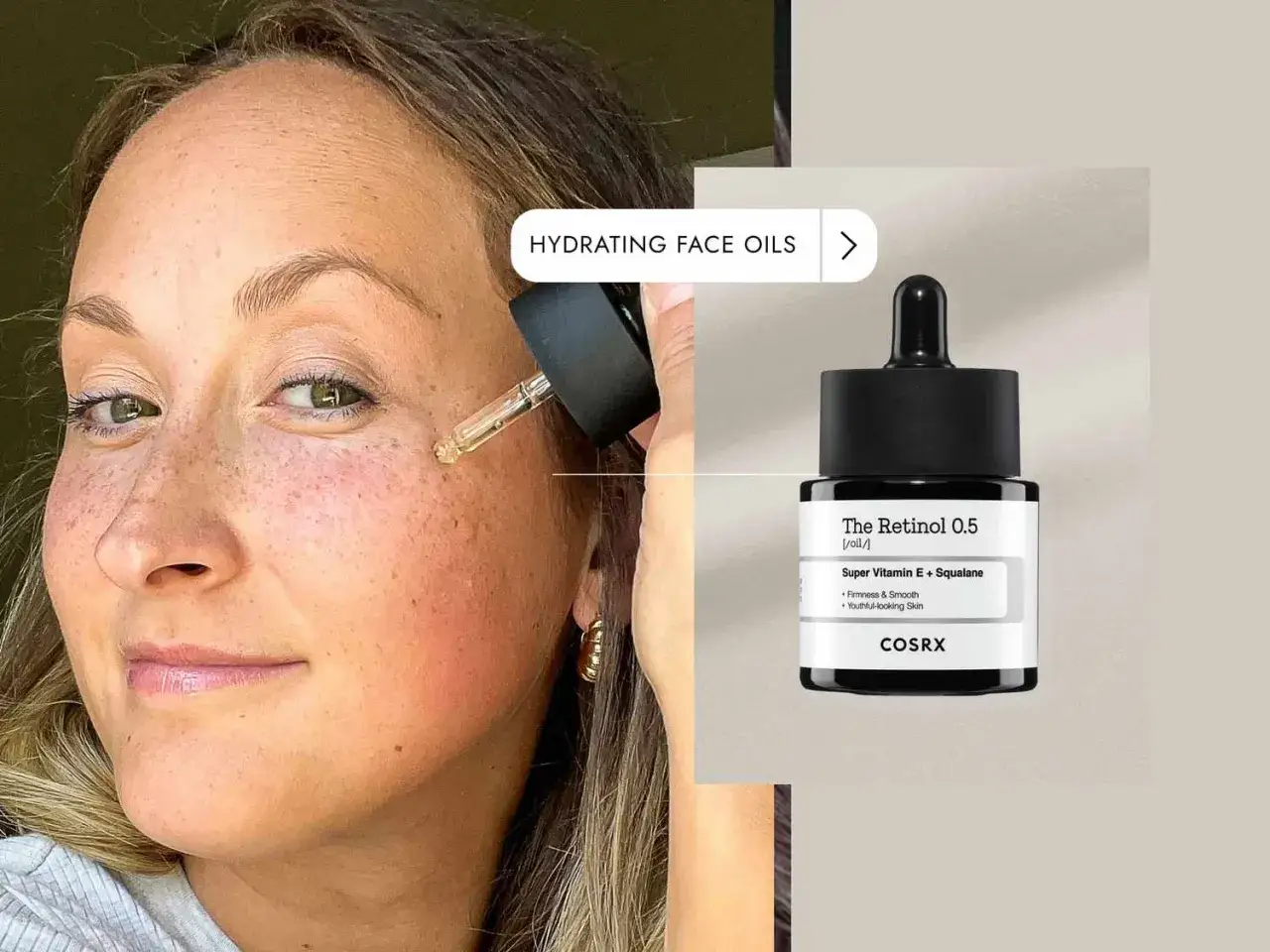 Kobieta aplikuje serum z skwalenem na twarz. Obok buteleczka z produktem COSRX.