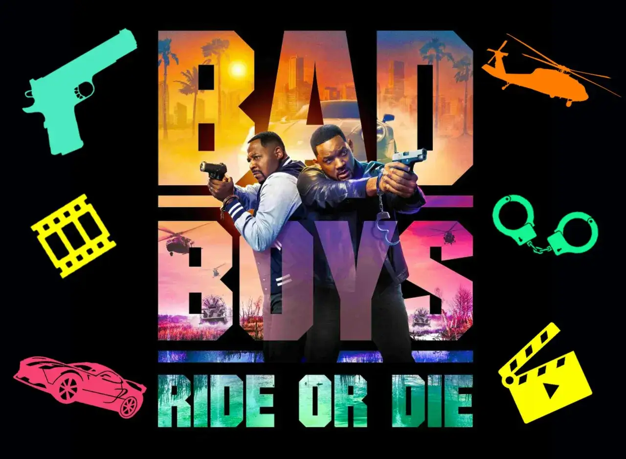 Bad Boys: Ride or Die – Will Smith i Martin Lawrence z pistoletami, otoczeni symbolami kina akcji: helikoptery, samochód, kajdanki, klaps.