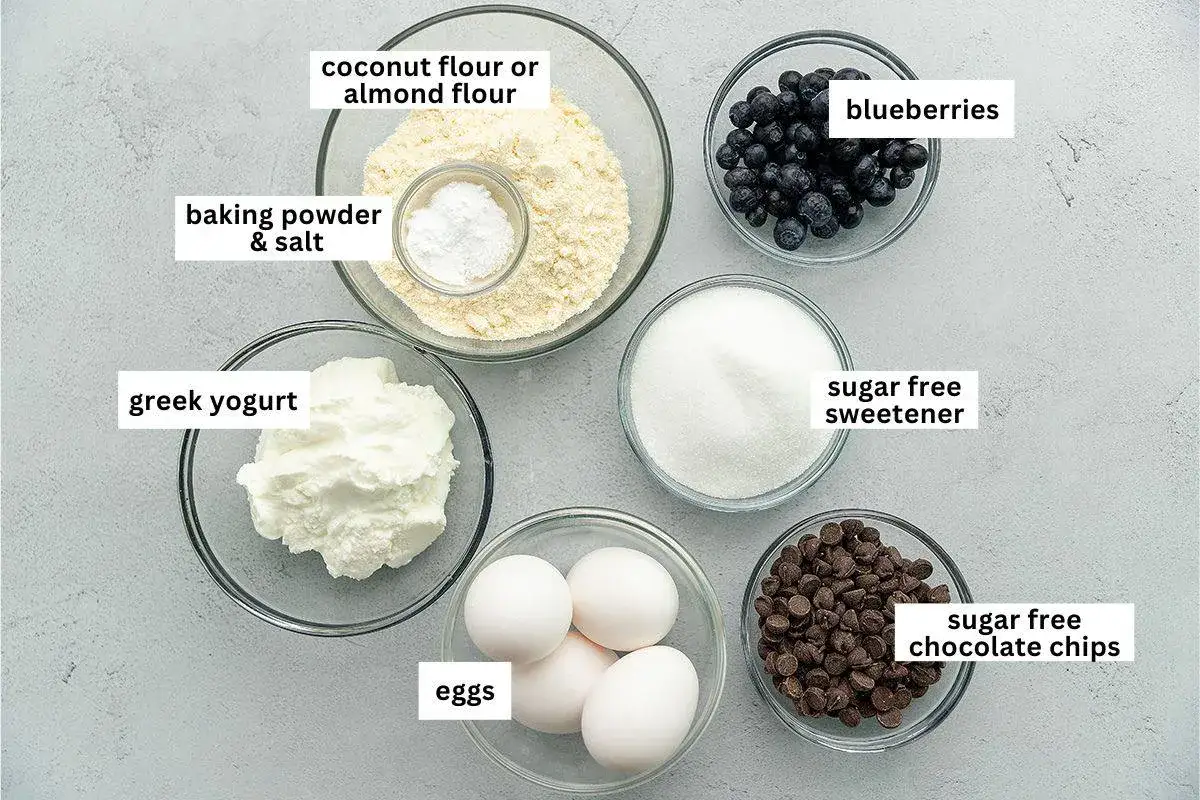Składniki na keto muffiny z mąki kokosowej: mąka kokosowa, jogurt grecki, jajka, proszek do pieczenia, sól, słodzik, borówki i czekolada bez cukru.