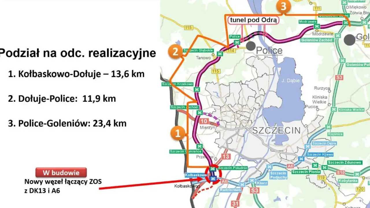 Mapa drogowa pokazuje podział na odcinki realizacji obwodnicy Szczecina, w tym tunel pod Odrą i połączenia z Łodzią.