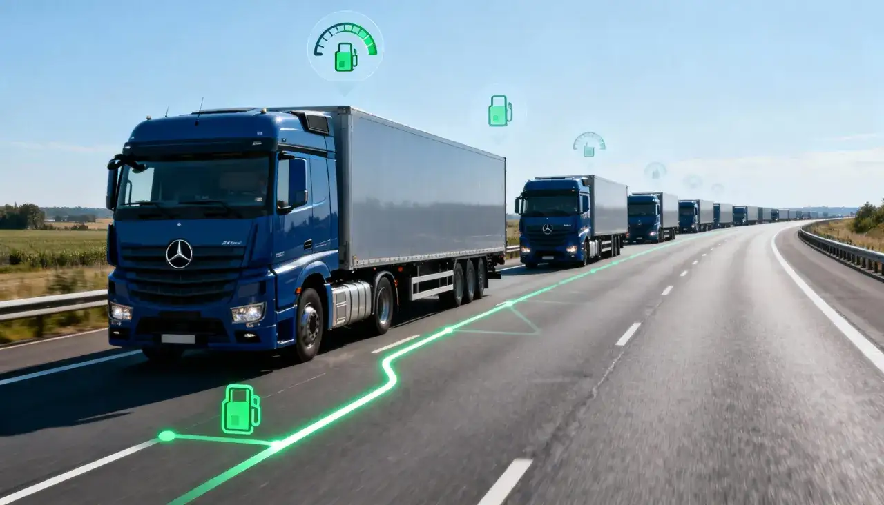 Niebieskie ciężar&oacute;wki jadące w kolumnie autostradą. Zielone ikony paliwa i wskaźniki sugerują optymalizację zużycia paliwa, idealna oferta dla przewoźnik&oacute;w.