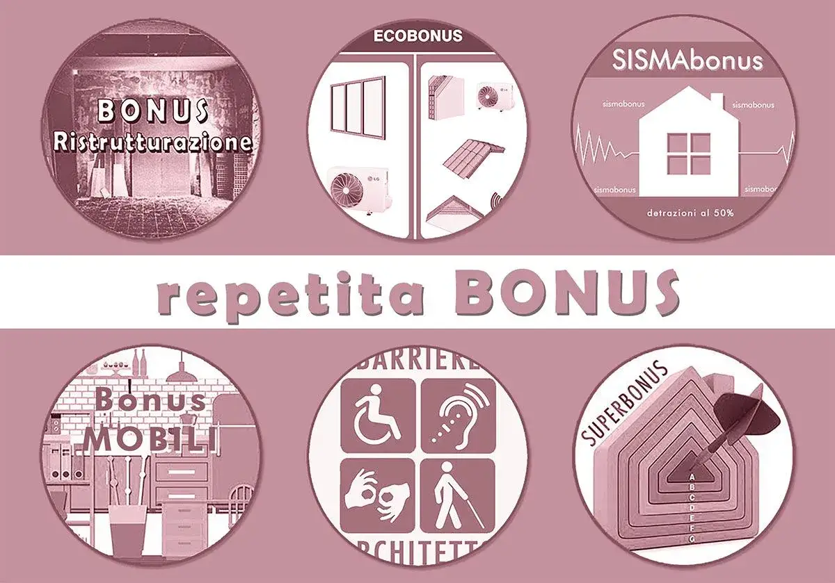 Illustrazione che mostra vari bonus edilizi: ristrutturazione, ecobonus, sismabonus, mobili, barriere architettoniche e superbonus. Cila cos'è.