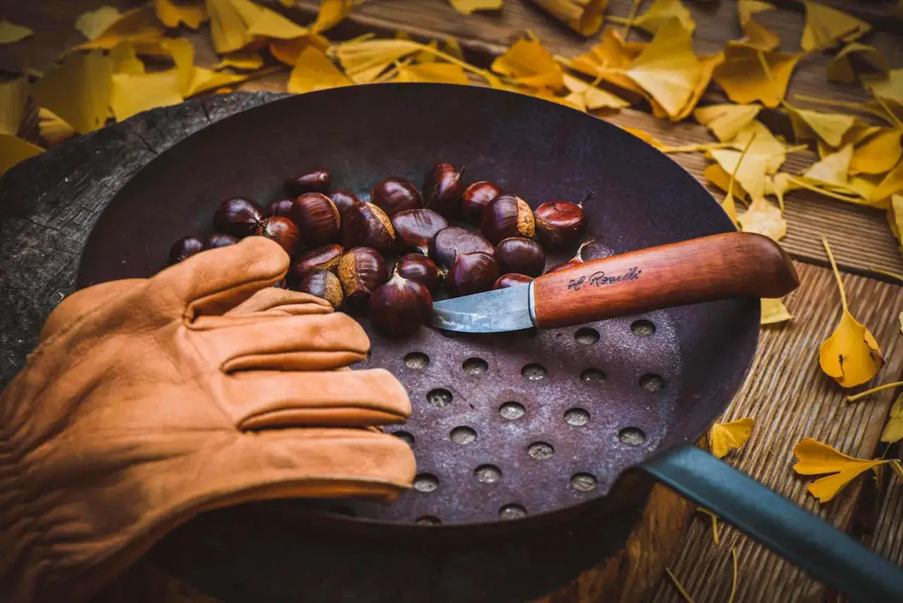 Gants en cuir et couteau pr&ecirc;ts pour griller des ch&acirc;taignes au four, entour&eacute;s de feuilles d'automne.