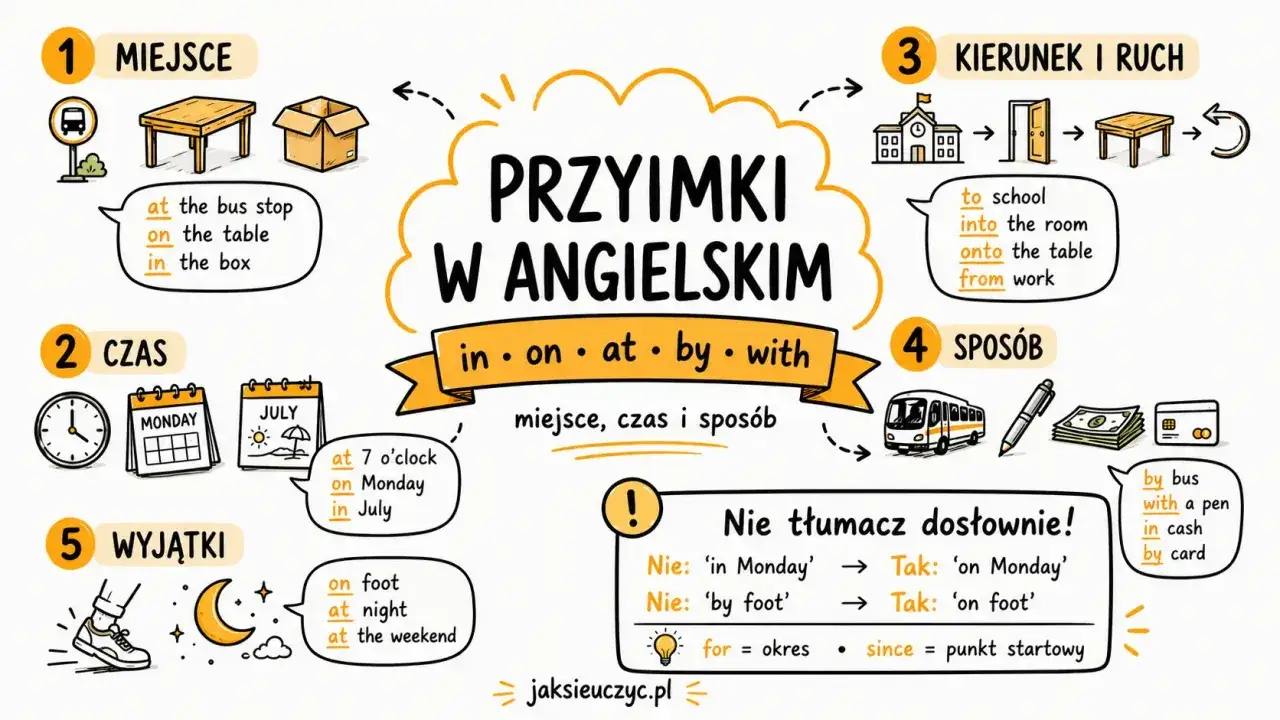 Grafika wyjaśnia przyimki w języku angielskim: miejsce (at, on, in), czas (at, on, in), kierunek (to, into, onto, from) i sposób (by, with, in).