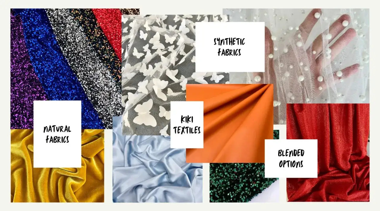 Tessuti vari, tra cui paillettes, pizzo con farfalle, raso azzurro e arancione, e un tessuto rosso scintillante. La **fibra artificiale** è presente in diverse forme.