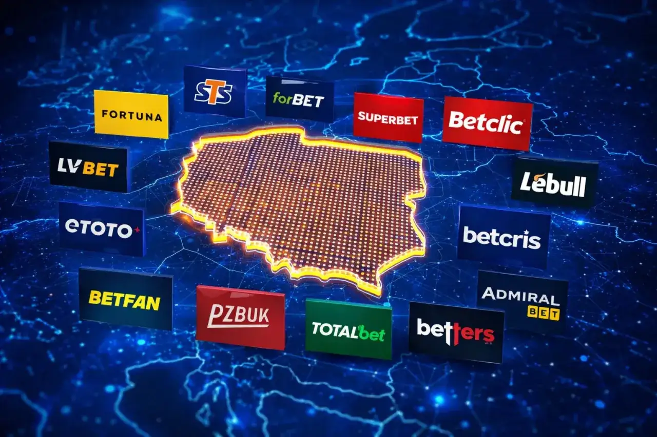 Mapa Polski otoczona logotypami bukmacherów, wśród nich zagraniczni bukmacherzy, symbolizująca rynek zakładów.