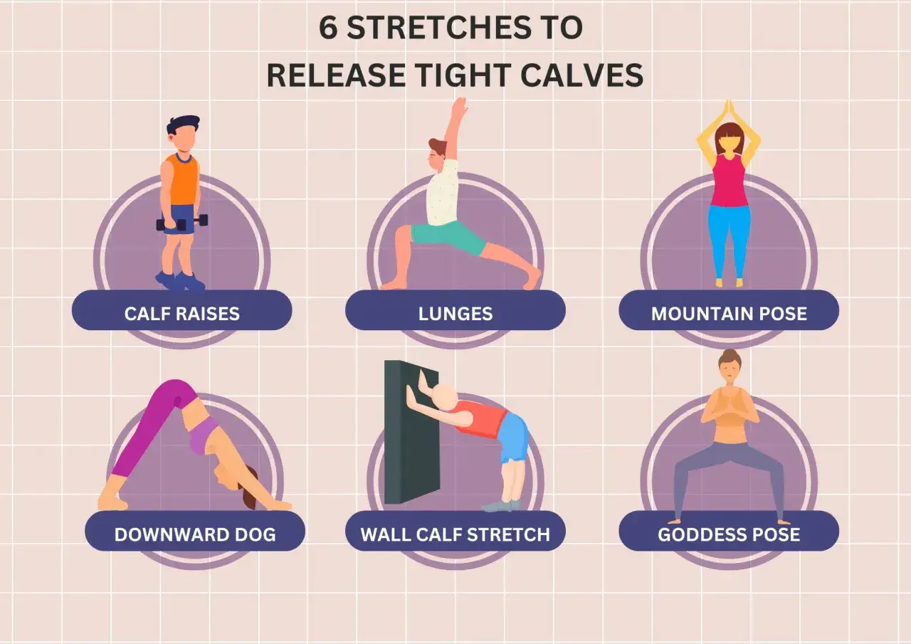 Sei esercizi per sciogliere i polpacci rigidi: Calf Raises, Affondi, Posizione della Montagna, Cane a Testa in Gi&ugrave;, Stretching del Polpaccio al Muro, Posizione della Dea.