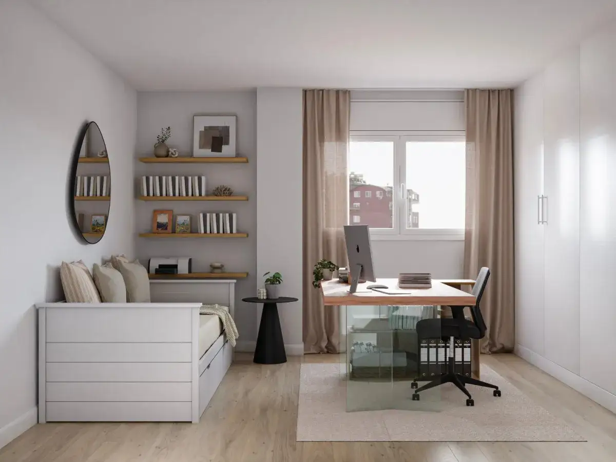 Un espacio de trabajo funcional y acogedor, con un escritorio de madera y cristal, estanter&iacute;as llenas de libros y un sof&aacute; cama. Un dise&ntilde;o estudio moderno y pr&aacute;ctico.