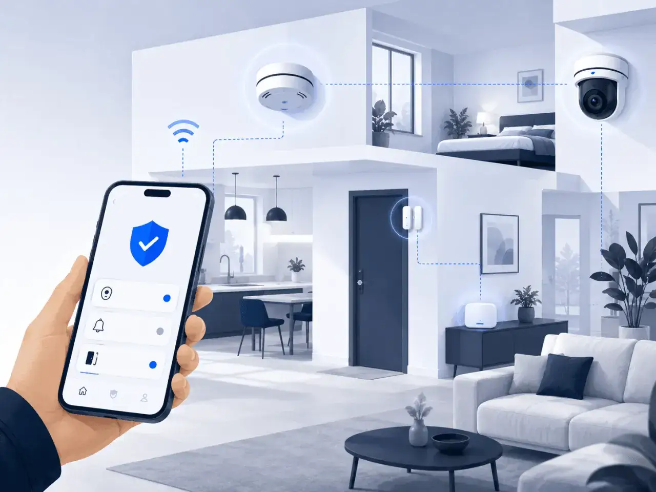 Smart hem med kamera, dörrsensor och rökdetektor. En mobilapp visar status och ger en alert alarm vid behov.