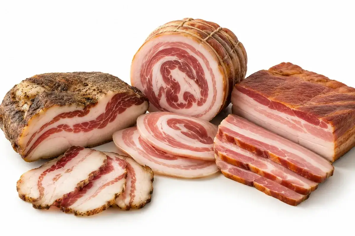 Różne rodzaje boczku, idealne do carbonary: wędzony, rolowany i plastry.