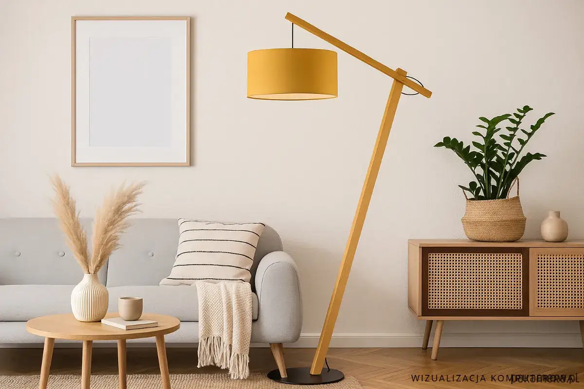 Minimalistyczna lampa stojąca z ż&oacute;łtym abażurem i drewnianą ramą, oświetlająca przytulny salon z szarą kanapą i stolikiem.