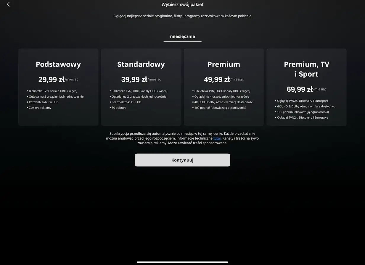 Porównanie miesięcznych pakietów HBO: Podstawowy (29,99 zł), Standardowy (39,99 zł), Premium (49,99 zł) i Premium, TV i Sport (69,99 zł).