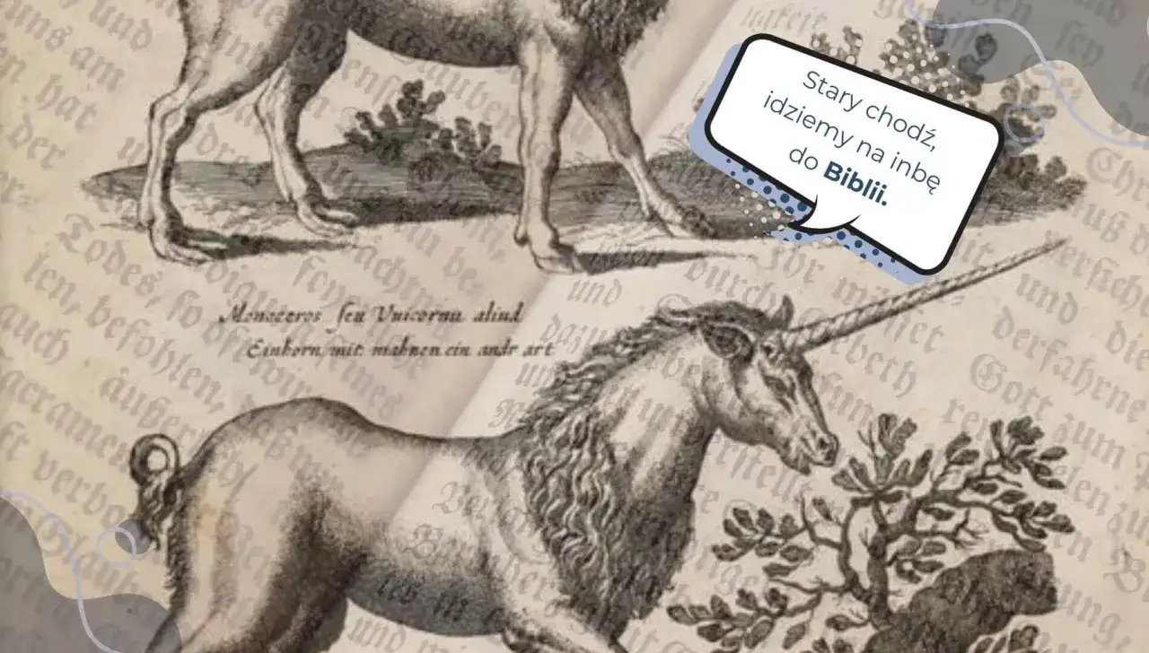 Stary jednorożec na rycinie zachęca do wspólnego czytania Biblii, łącząc symbolikę z wiarą katolicką.