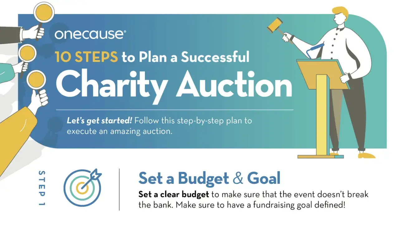 Illustration for a fundraiser silent auction, showing hands holding bid paddles and an auctioneer at a podium. Step 1: Set a Budget & Goal.