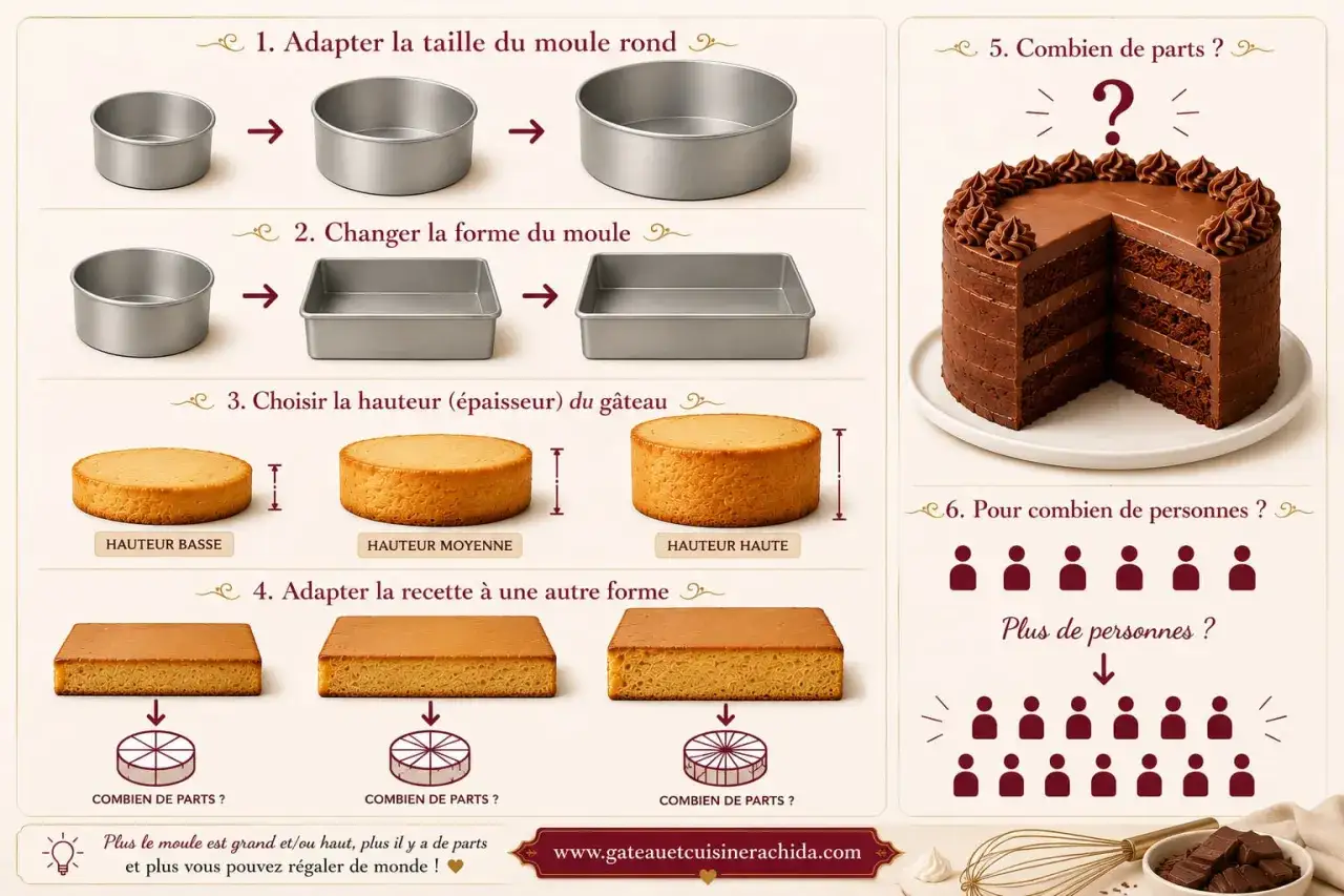 Guide pour adapter la taille et la forme du gâteau, et déterminer le nombre de parts. Plus le moule est grand, plus il y a de parts.