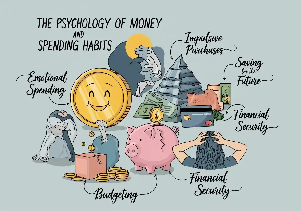 Illustration zeigt die Psychologie von Geld und Ausgabegewohnheiten. Eine Person mit Angst Geld auszugeben, sitzt neben einem Sparschwein und einem Schatz.
