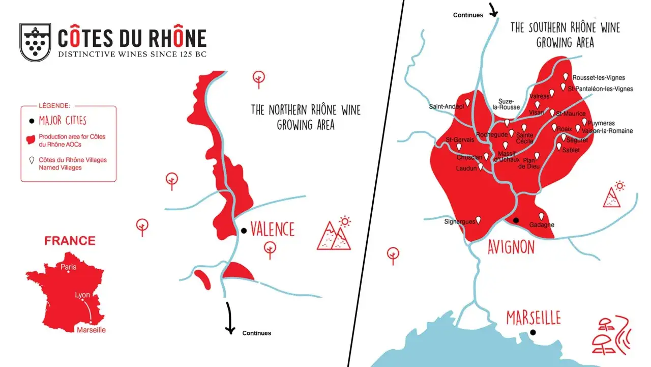 Mappa delle aree di produzione del vino Côtes du Rhône, con le zone settentrionali e meridionali evidenziate in rosso.