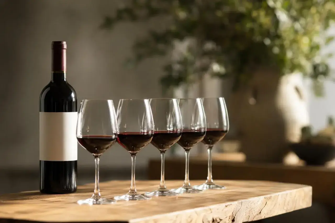 En flaska r&ouml;tt vin och fem glas fyllda till h&auml;lften. En perfekt uppst&auml;llning f&ouml;r att fundera &ouml;ver hur m&aring;nga glas p&aring; en flaska vin som g&aring;r &aring;t under en trevlig kv&auml;ll.