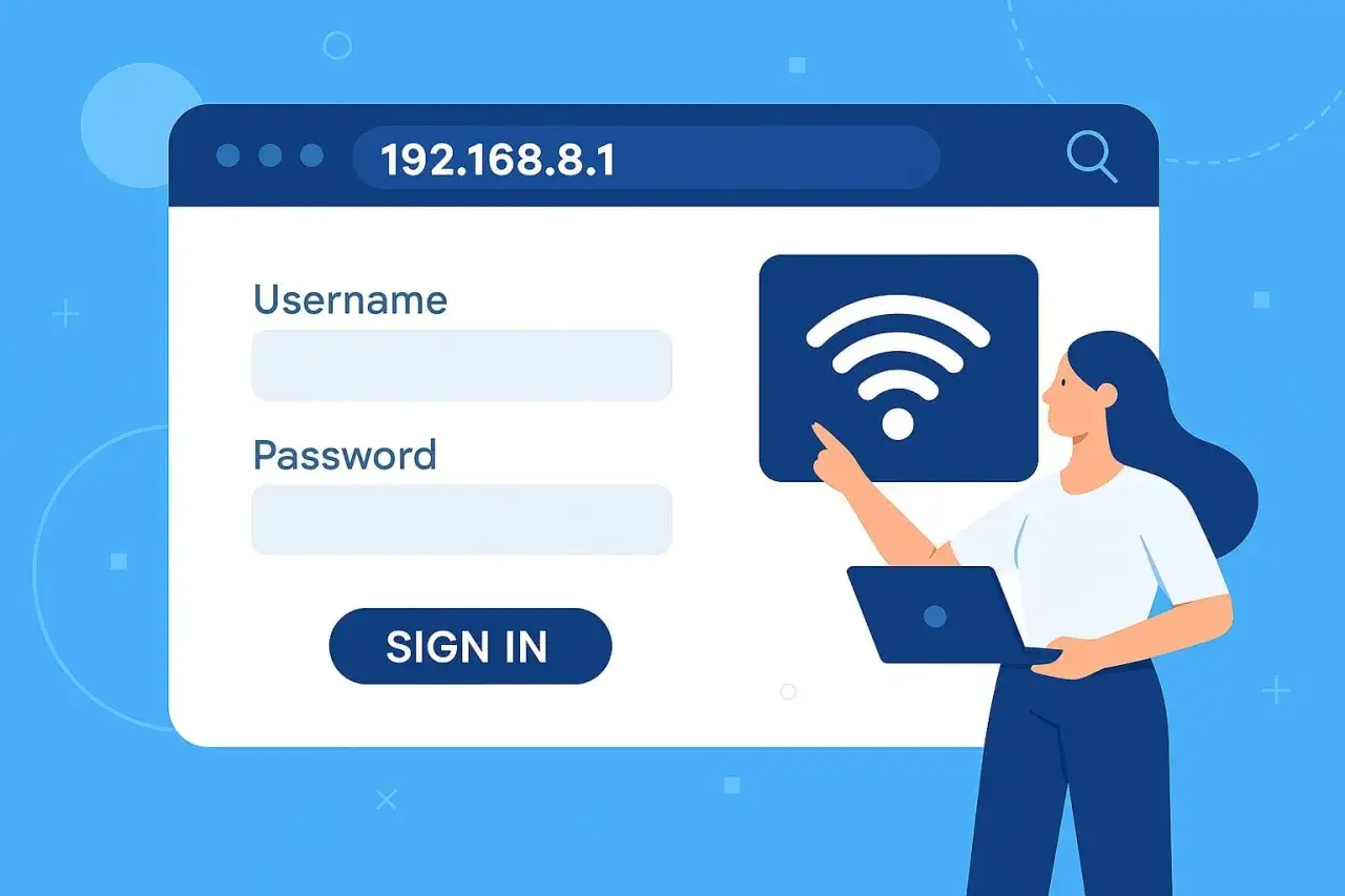 Logowanie do sieci Wi-Fi przez 192.168.8.1 Huawei. Kobieta z laptopem klika ikonę Wi-Fi.