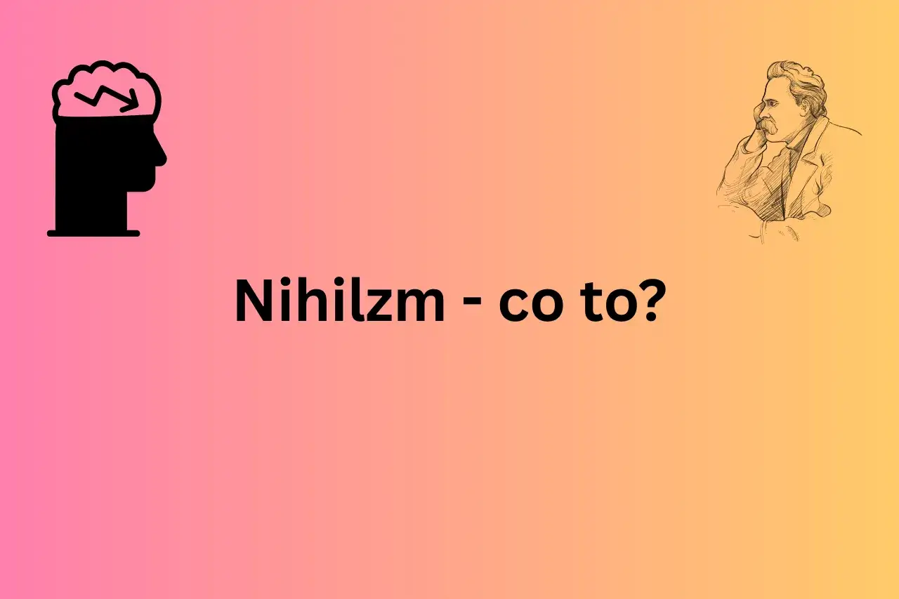 Czarna głowa z mózgiem i strzałką symbolizuje rozważania nad nihilizmem. Obok szkic Nietzschego.