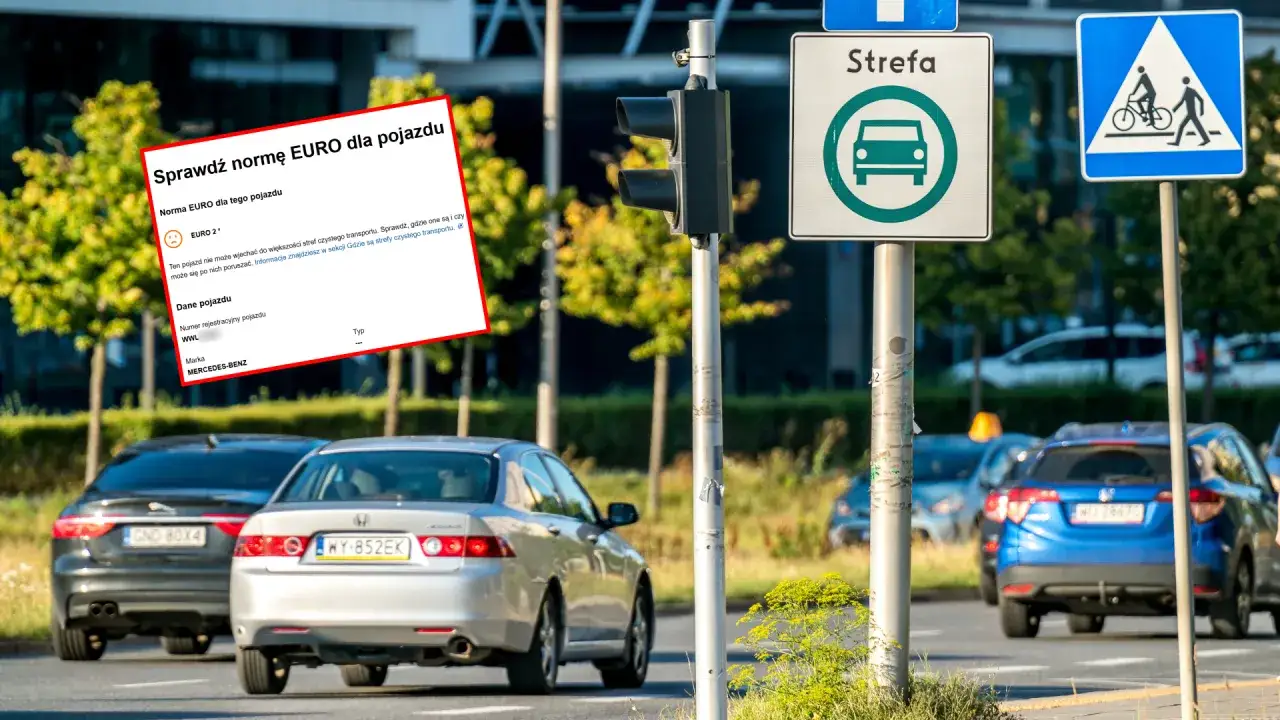 Sprawdź normę EURO dla pojazdu. Znak strefy czystego transportu i informacja o normie EURO dla pojazdu.