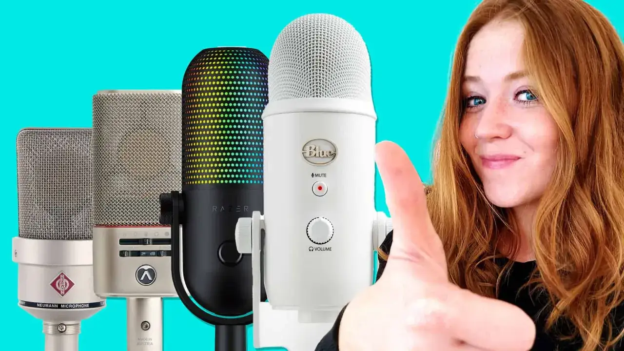Verschiedene Mikrofon-Typen im Vergleich: Neumann, Razer, Blue Yeti. Eine Frau gibt Daumen hoch.