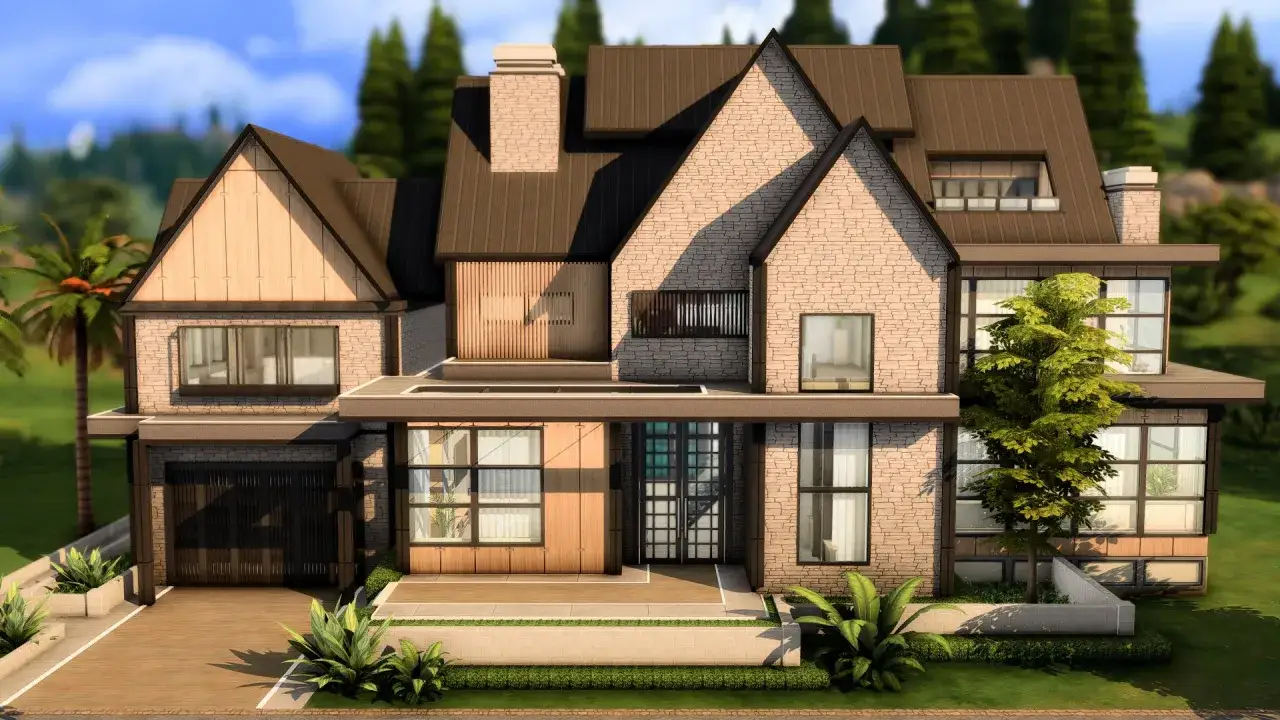 Nowoczesne domy w The Sims 4 bez dodatków, z kamienia i drewna, z dużymi oknami i garażem.