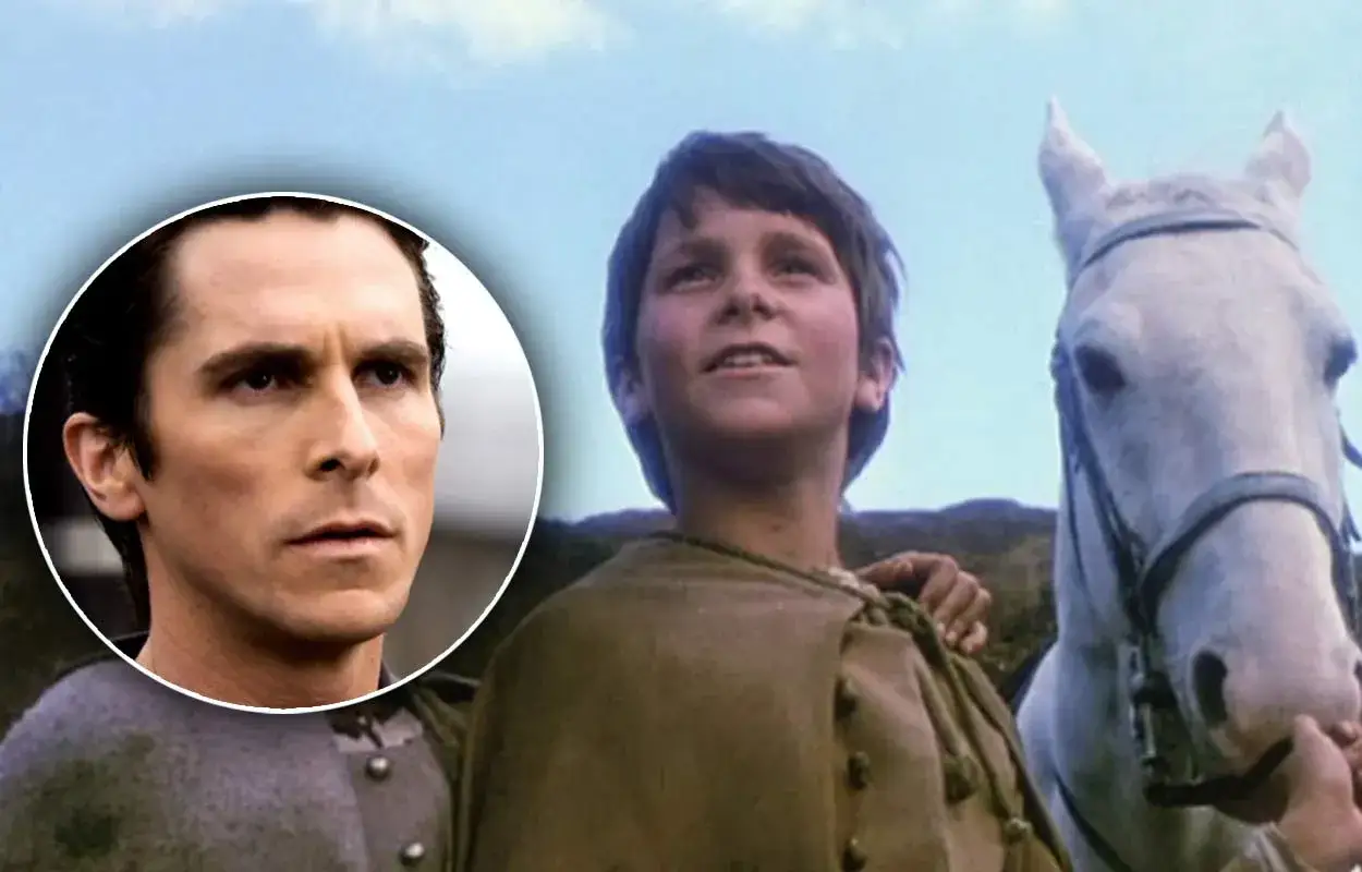 Christian Bale som barn i Mio min Mio, bredvid en vit häst. Till vänster en bild på en vuxen Christian Bale.