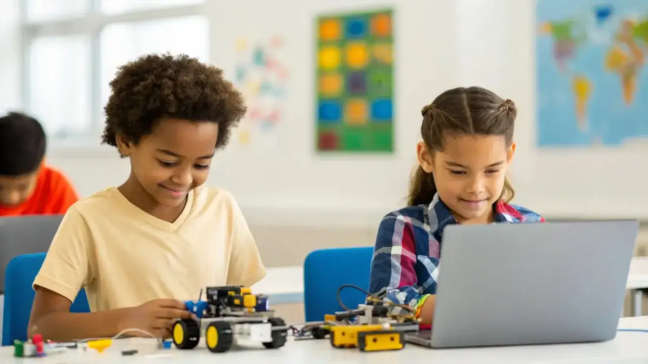 Niños construyendo robots en un aula STEAM. Un niño ensambla un cochecito, mientras una niña programa en su portátil.