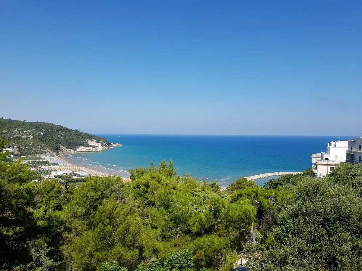 Vista panoramica della baia dei trabucchi con spiaggia affollata, mare azzurro e vegetazione rigogliosa.