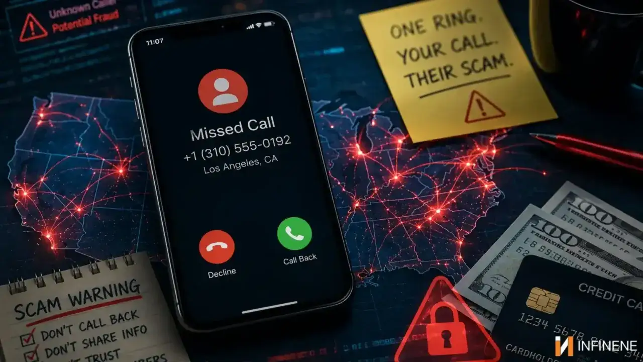 Telefon z nieodebranym połączeniem od nieznanego numeru, ostrzeżenie o oszustwie