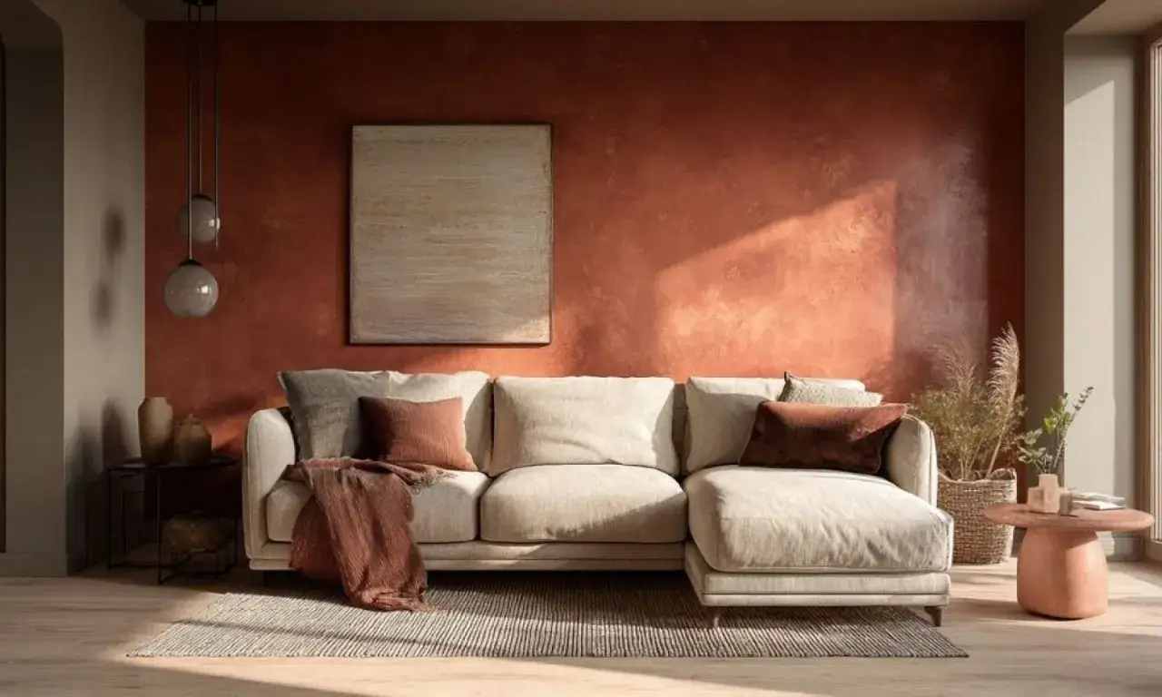 Tendenze per dipingere le pareti di casa: un soggiorno accogliente con divano beige, cuscini color terra e una parete d'accento color ruggine.