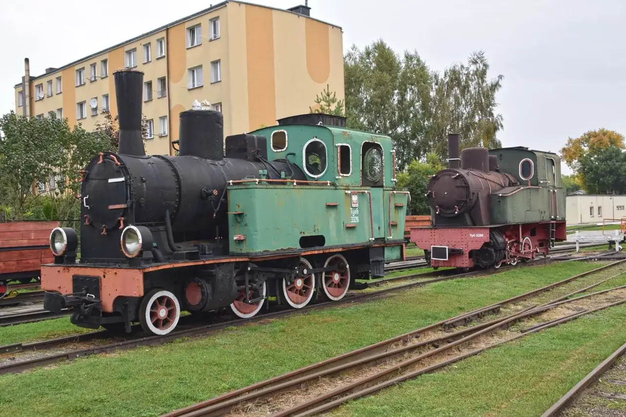 Dwa zabytkowe parowozy stoją na torach w Muzeum Kolei Wąskotorowej w Sochaczewie.