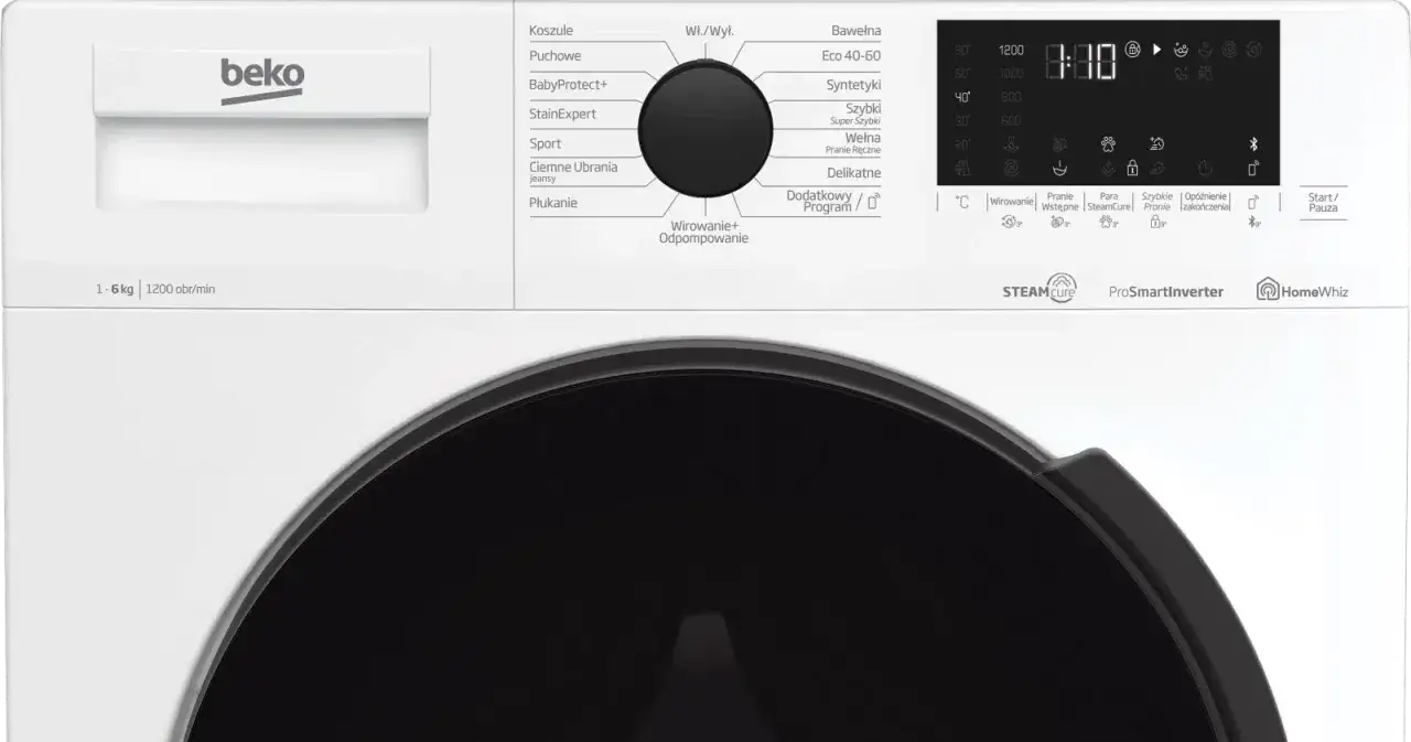 Panel sterowania pralki Beko. Wybierz program, by dowiedzieć się, ile trwa pranie w 60 stopniach.