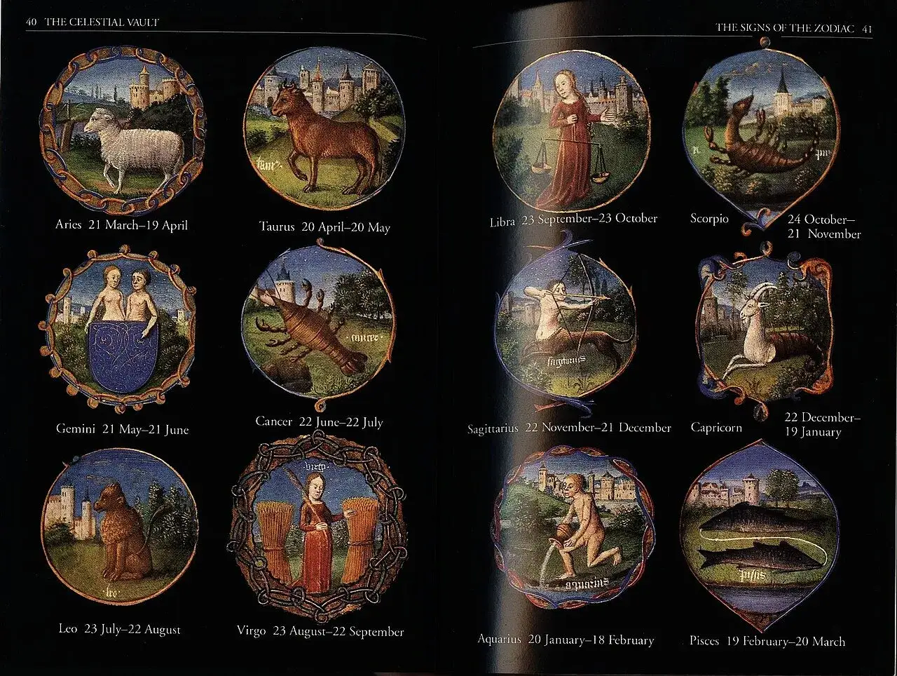 Astrologiska symboler: V&auml;duren, Oxen, Tvillingarna, Kr&auml;ftan, Lejonet, Jungfru datum, V&aring;gen, Skorpionen, Skytten, Stenbocken, Vattumannen, Fiskarna.