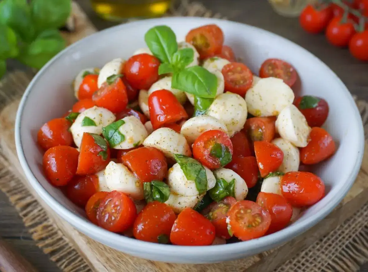 Ein frischer Tomate Mozzarella Salat mit Basilikum, perfekt f&uuml;r einen leichten Genuss.